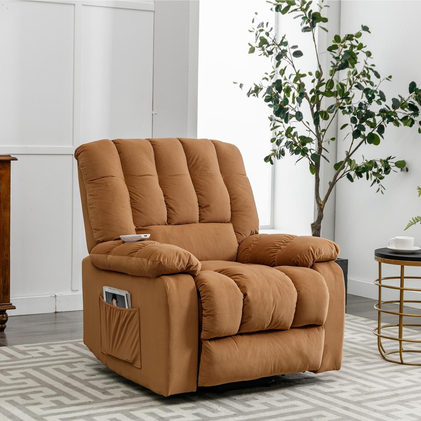 Beige Electric Lift Recliner with Heat, Vibration Massage, and Side Pocket Storage for a Relaxing Living Room Experience