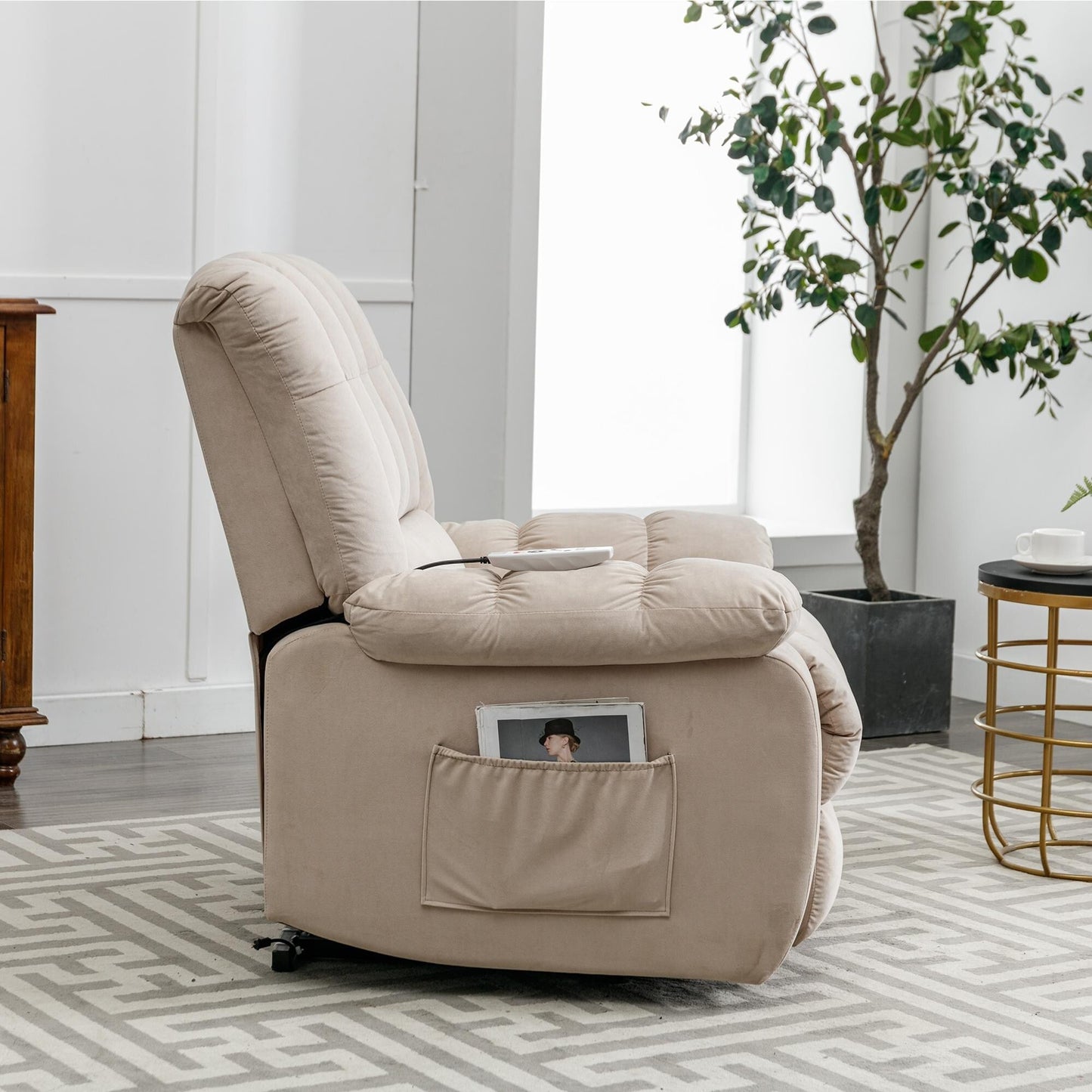Beige Electric Lift Recliner with Heat, Vibration Massage, and Side Pocket Storage for a Relaxing Living Room Experience