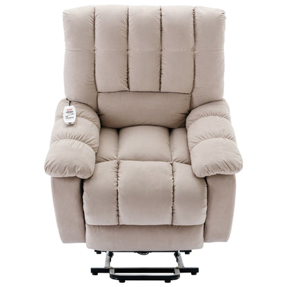 Beige Electric Lift Recliner with Heat, Vibration Massage, and Side Pocket Storage for a Relaxing Living Room Experience