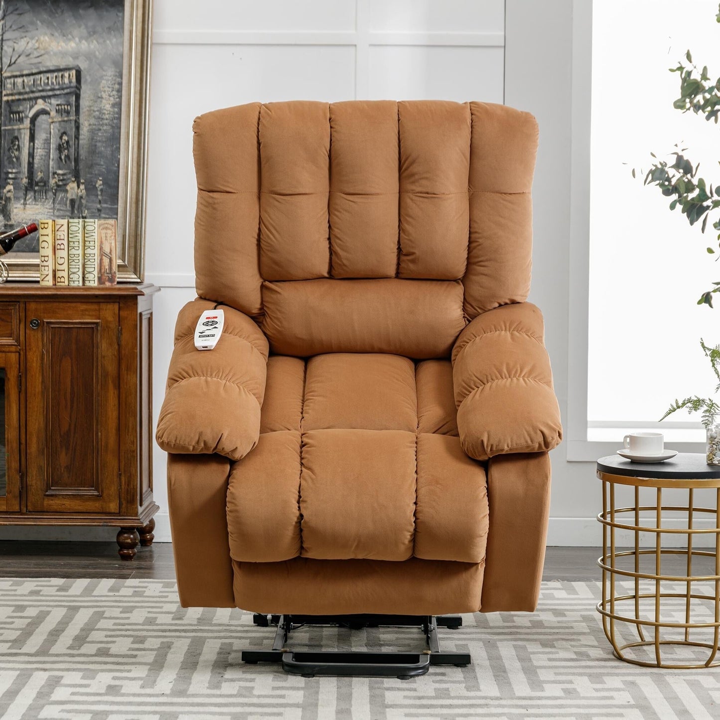Beige Electric Lift Recliner with Heat, Vibration Massage, and Side Pocket Storage for a Relaxing Living Room Experience