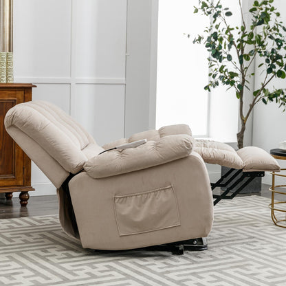 Beige Electric Lift Recliner with Heat, Vibration Massage, and Side Pocket Storage for a Relaxing Living Room Experience