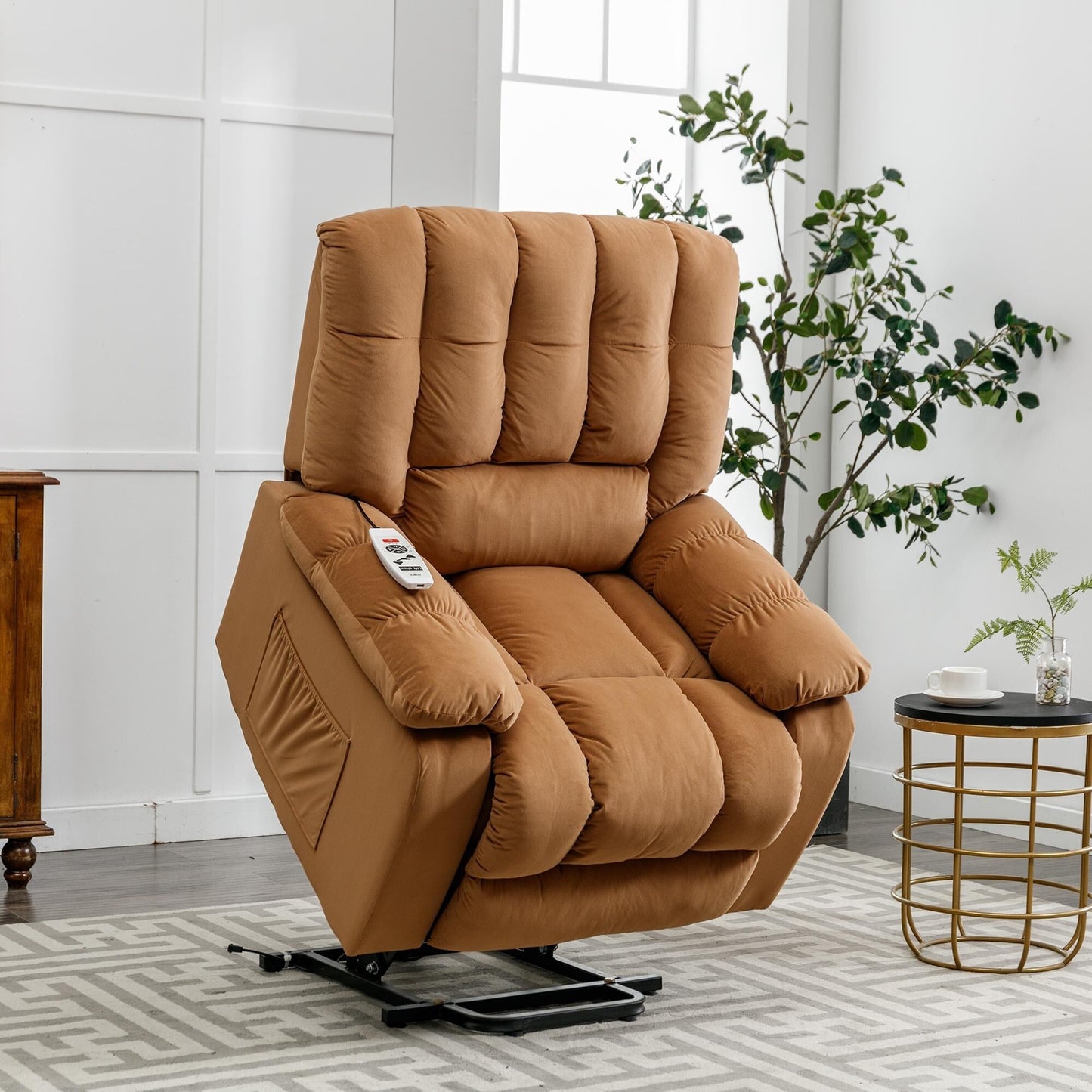 Beige Electric Lift Recliner with Heat, Vibration Massage, and Side Pocket Storage for a Relaxing Living Room Experience