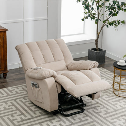 Beige Electric Lift Recliner with Heat, Vibration Massage, and Side Pocket Storage for a Relaxing Living Room Experience