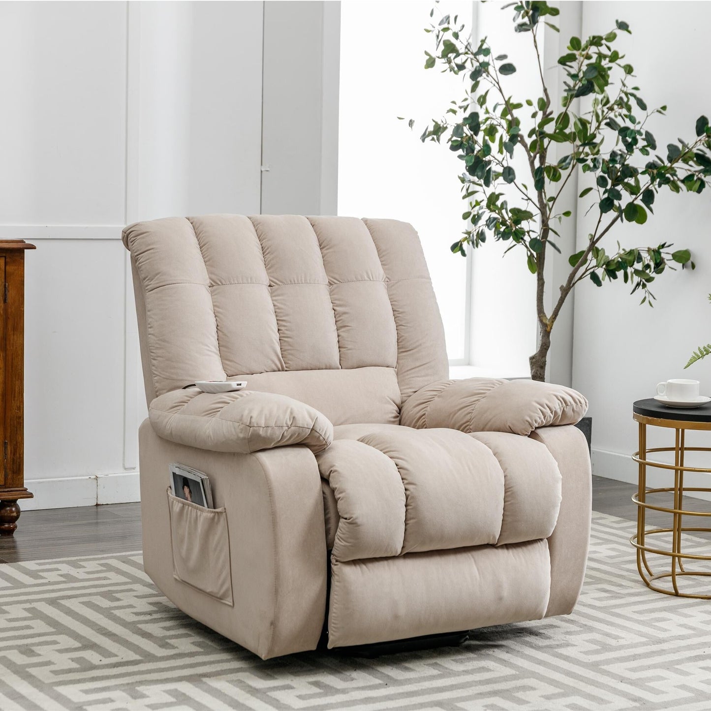 Beige Electric Lift Recliner with Heat, Vibration Massage, and Side Pocket Storage for a Relaxing Living Room Experience