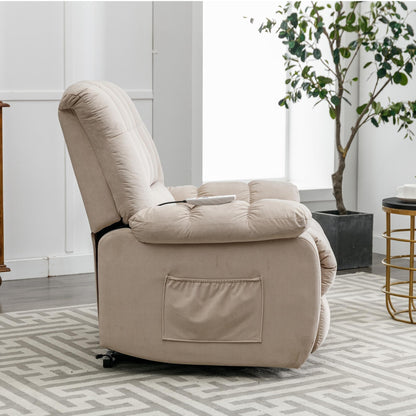 Beige Electric Lift Recliner with Heat, Vibration Massage, and Side Pocket Storage for a Relaxing Living Room Experience
