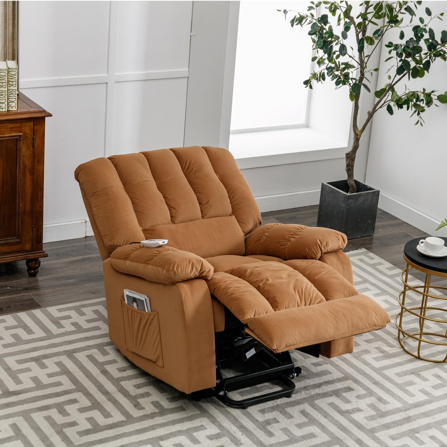 Beige Electric Lift Recliner with Heat, Vibration Massage, and Side Pocket Storage for a Relaxing Living Room Experience
