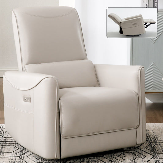 Beige Faux Leather 270Â° Swivel Glider Rocker Power Recliner with Lumbar Pillows, 2 Side Pockets, USB & Type-C Ports