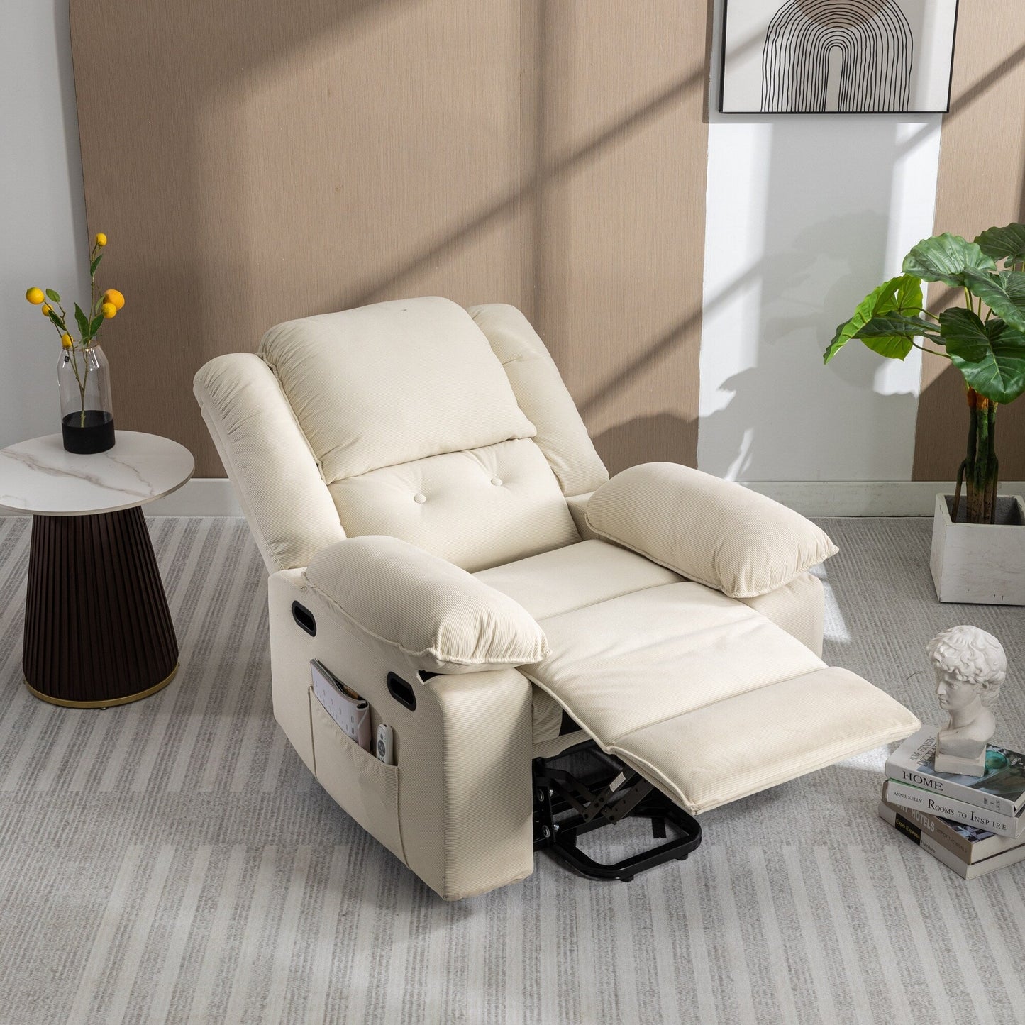 Beige Lift Recliner for Seniors featuring Massage, Heating, Adjustable Recline, Side Storage, and Multiple Positioning Features