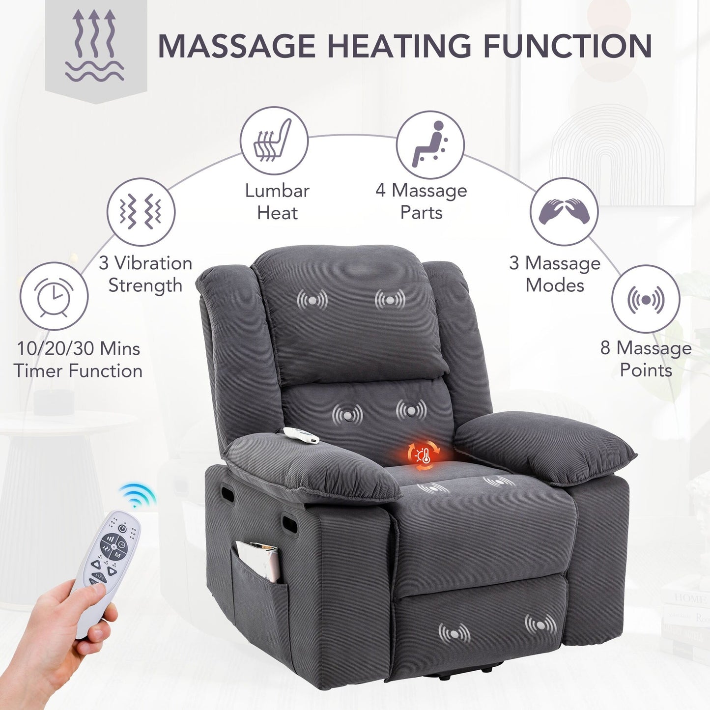 Beige Lift Recliner for Seniors featuring Massage, Heating, Adjustable Recline, Side Storage, and Multiple Positioning Features