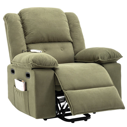 Beige Lift Recliner for Seniors featuring Massage, Heating, Adjustable Recline, Side Storage, and Multiple Positioning Features