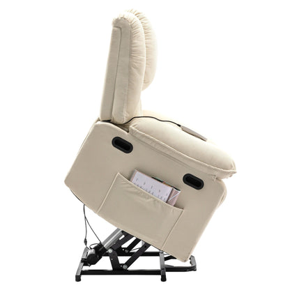 Beige Lift Recliner for Seniors featuring Massage, Heating, Adjustable Recline, Side Storage, and Multiple Positioning Features