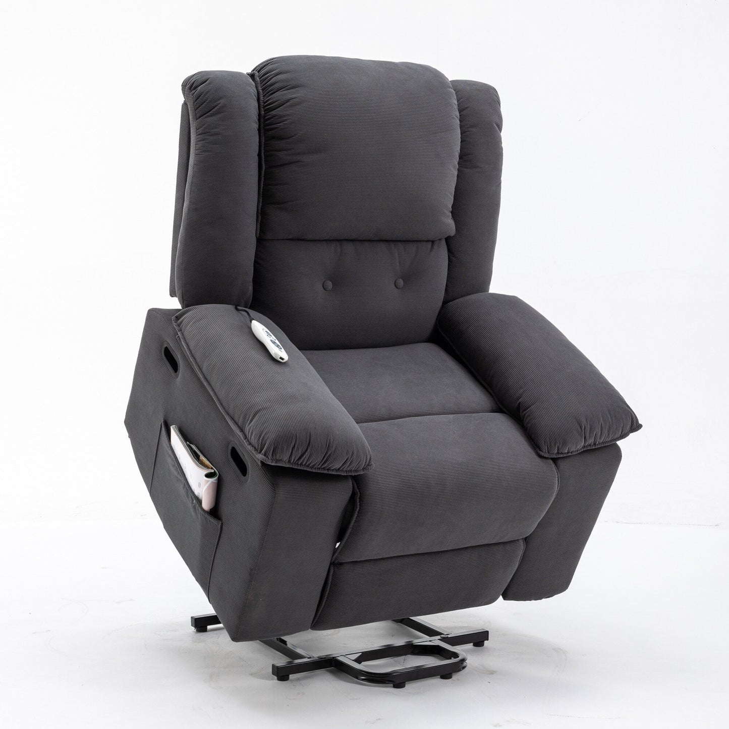 Beige Lift Recliner for Seniors featuring Massage, Heating, Adjustable Recline, Side Storage, and Multiple Positioning Features