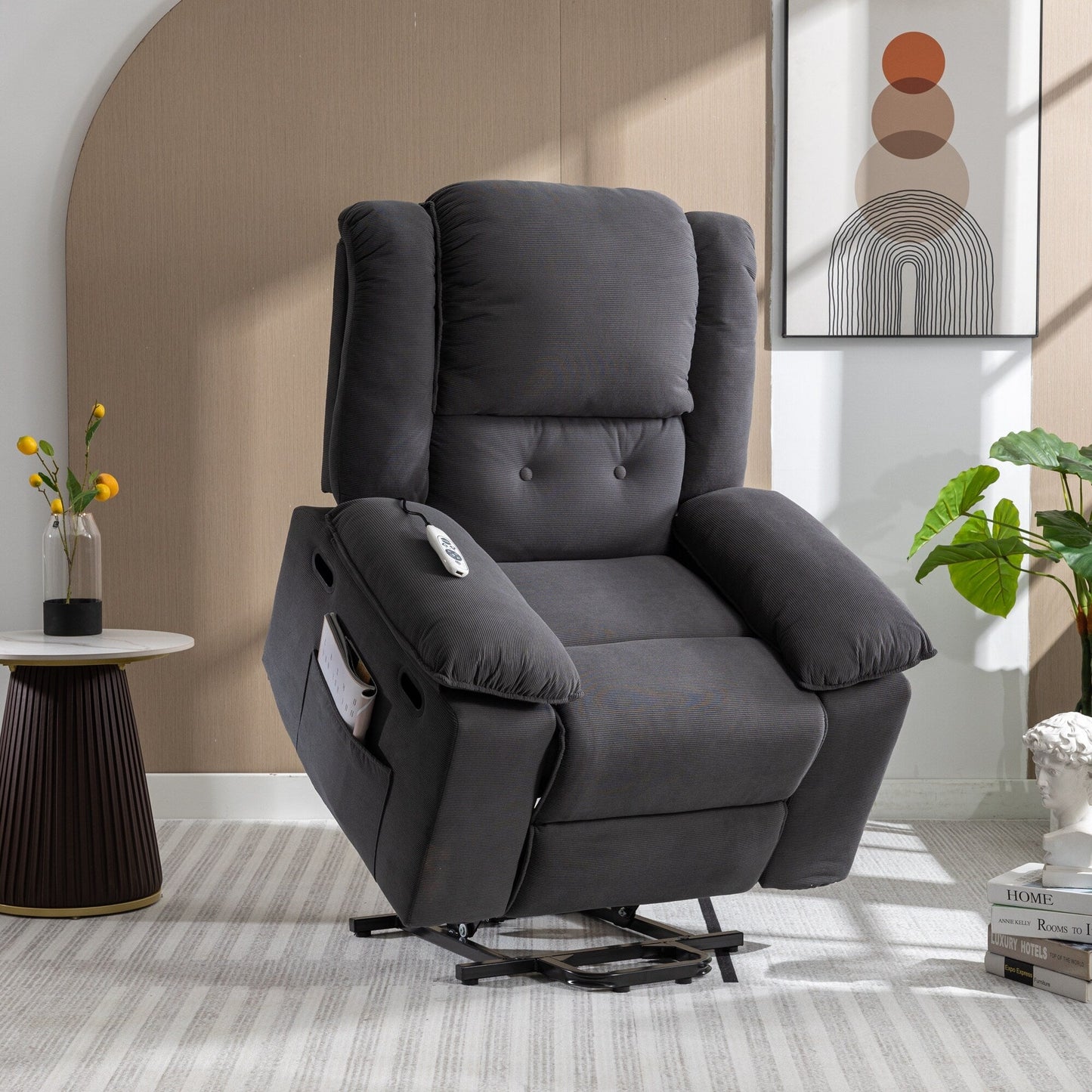 Beige Lift Recliner for Seniors featuring Massage, Heating, Adjustable Recline, Side Storage, and Multiple Positioning Features