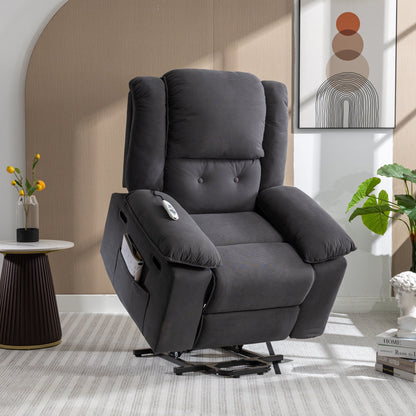 Beige Lift Recliner for Seniors featuring Massage, Heating, Adjustable Recline, Side Storage, and Multiple Positioning Features
