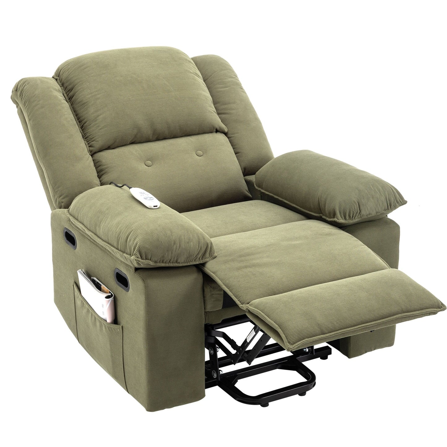Beige Lift Recliner for Seniors featuring Massage, Heating, Adjustable Recline, Side Storage, and Multiple Positioning Features