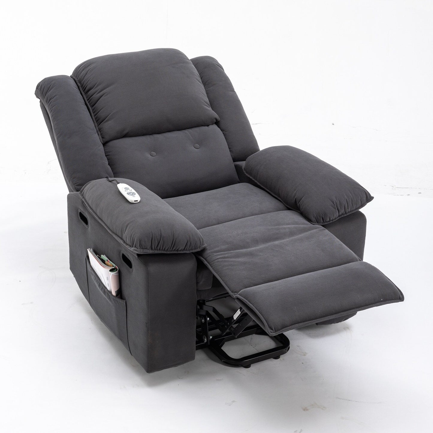 Beige Lift Recliner for Seniors featuring Massage, Heating, Adjustable Recline, Side Storage, and Multiple Positioning Features