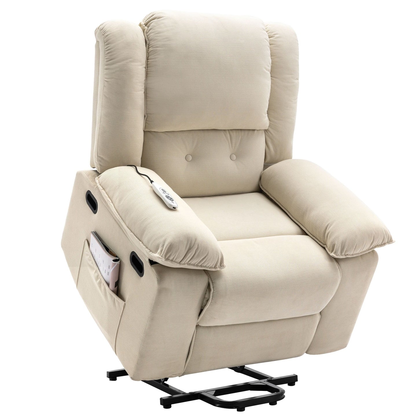 Beige Lift Recliner for Seniors featuring Massage, Heating, Adjustable Recline, Side Storage, and Multiple Positioning Features