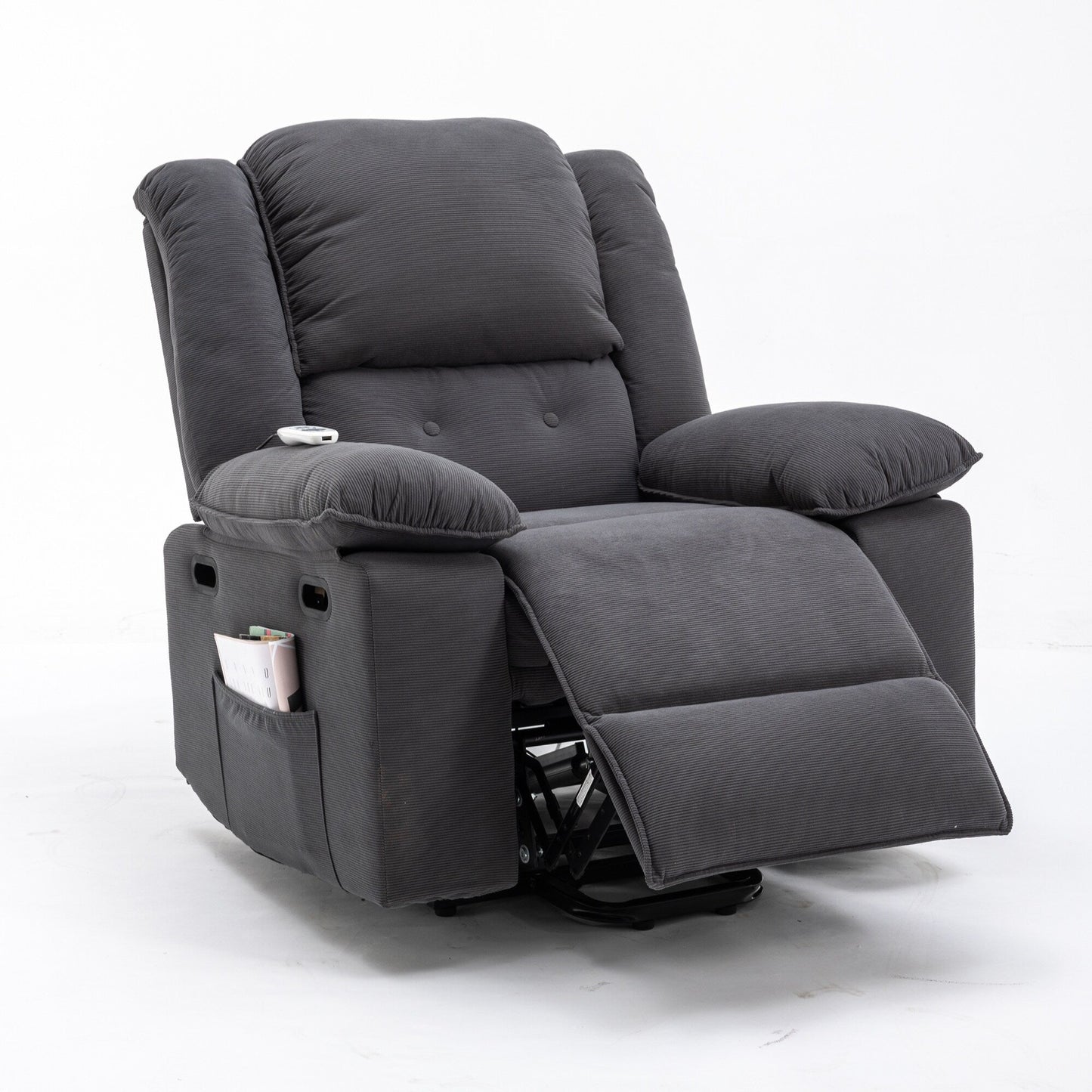 Beige Lift Recliner for Seniors featuring Massage, Heating, Adjustable Recline, Side Storage, and Multiple Positioning Features