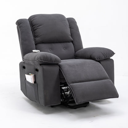 Beige Lift Recliner for Seniors featuring Massage, Heating, Adjustable Recline, Side Storage, and Multiple Positioning Features