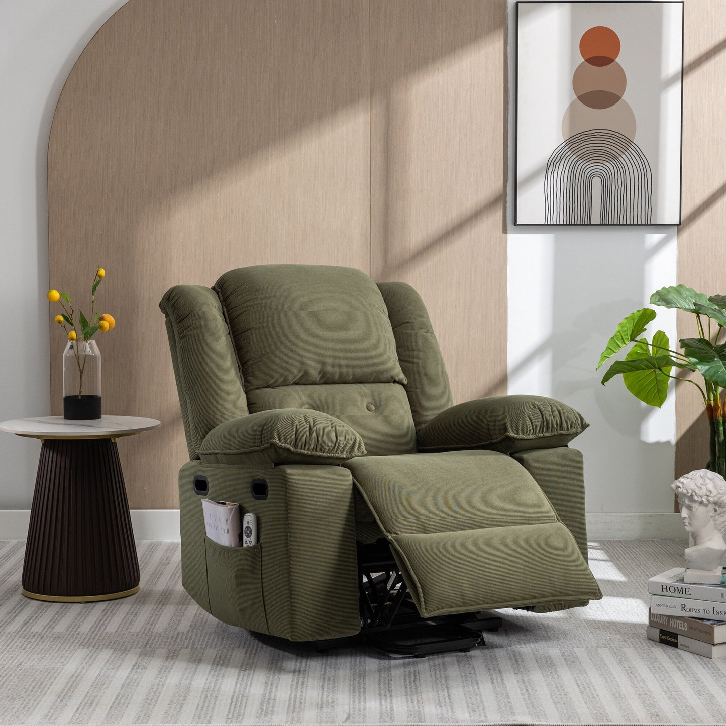 Beige Lift Recliner for Seniors featuring Massage, Heating, Adjustable Recline, Side Storage, and Multiple Positioning Features