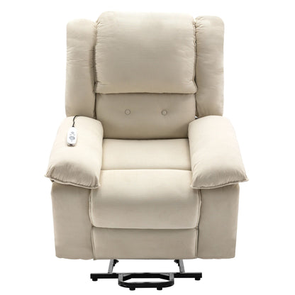 Beige Lift Recliner for Seniors featuring Massage, Heating, Adjustable Recline, Side Storage, and Multiple Positioning Features