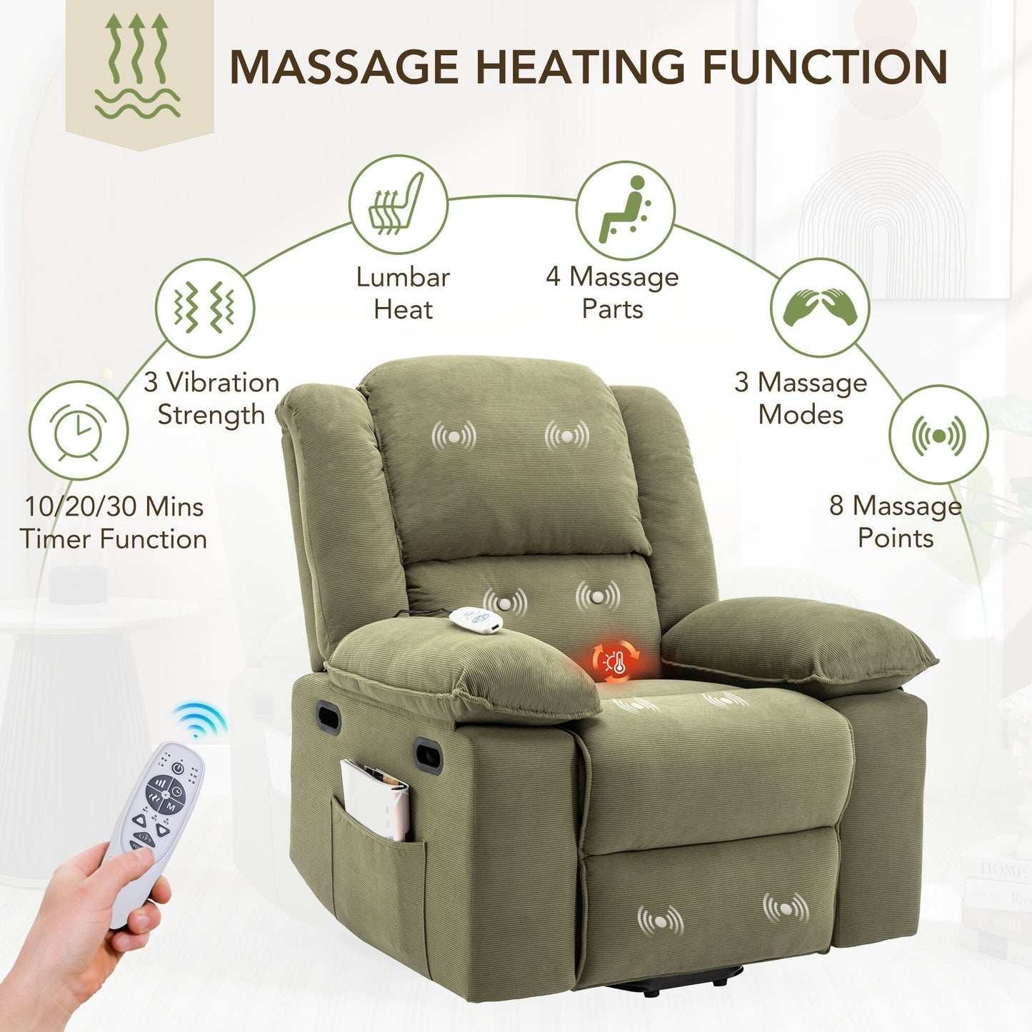 Beige Lift Recliner for Seniors featuring Massage, Heating, Adjustable Recline, Side Storage, and Multiple Positioning Options