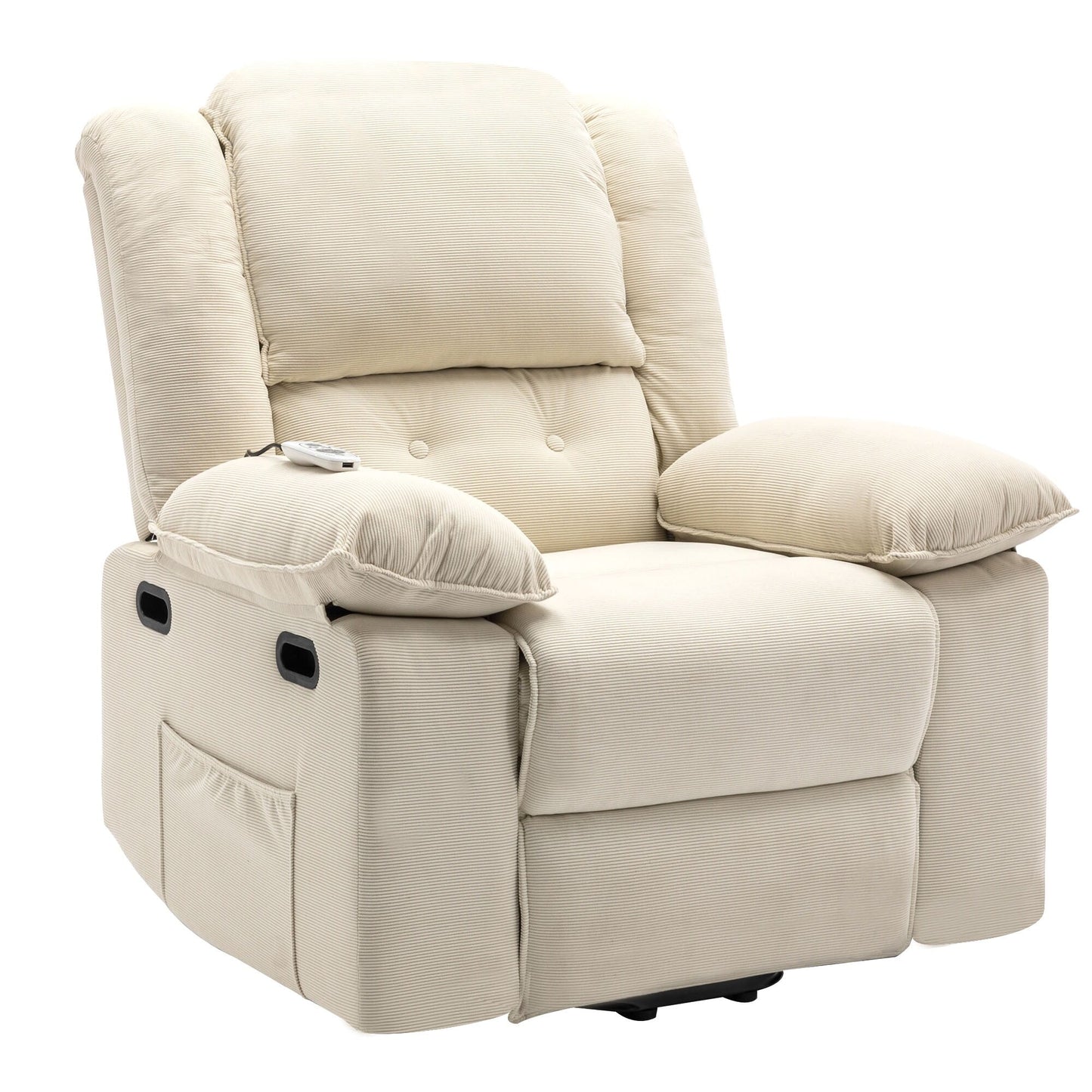 Beige Lift Recliner for Seniors featuring Massage, Heating, Adjustable Recline, Side Storage, and Multiple Positioning Options