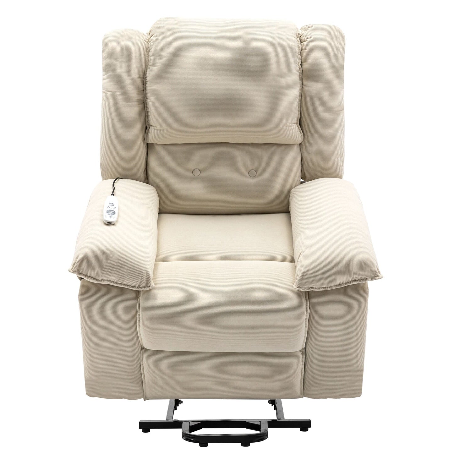 Beige Lift Recliner for Seniors featuring Massage, Heating, Adjustable Recline, Side Storage, and Multiple Positioning Options