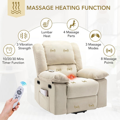 Beige Lift Recliner for Seniors featuring Massage, Heating, Adjustable Recline, Side Storage, and Multiple Positioning Options