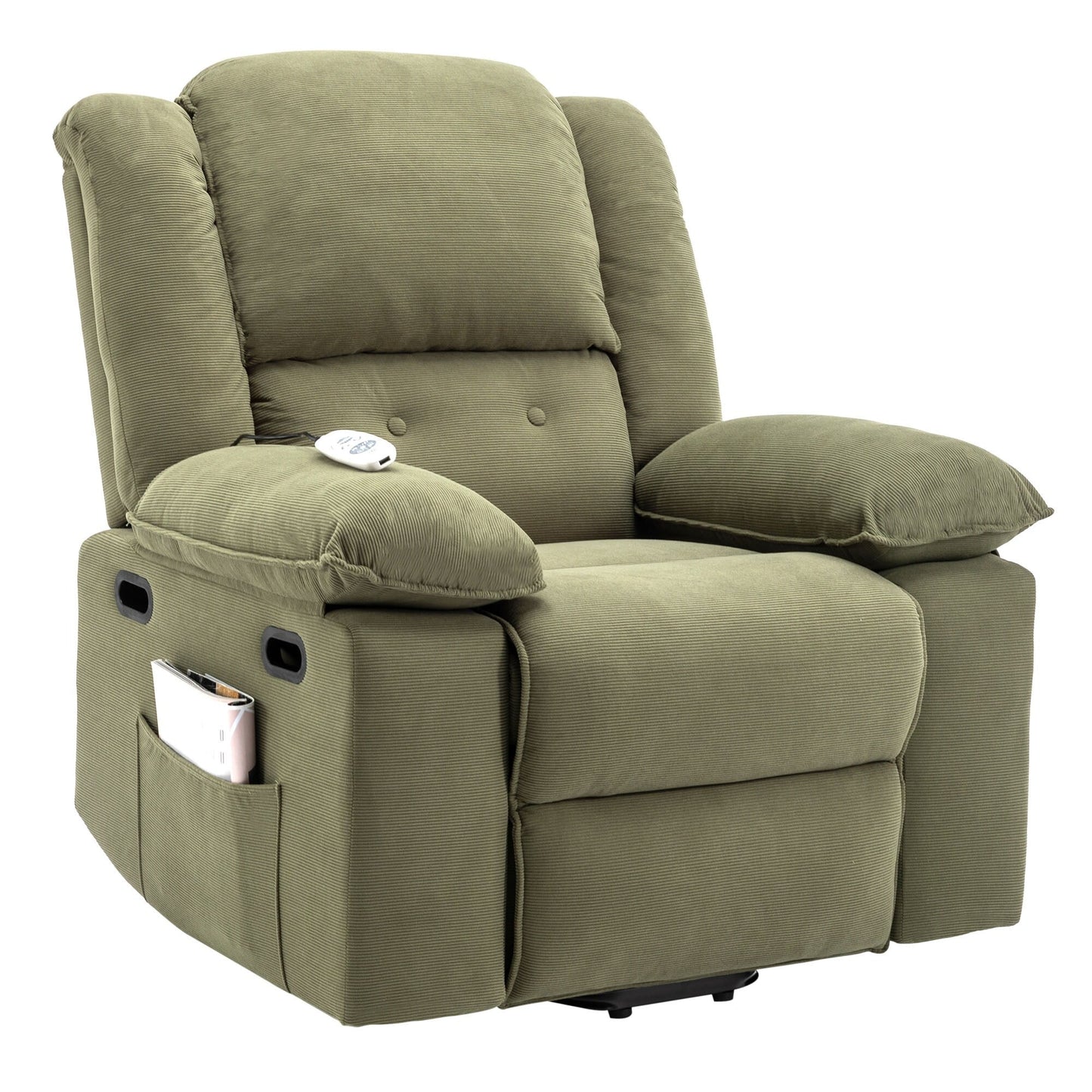 Beige Lift Recliner for Seniors featuring Massage, Heating, Adjustable Recline, Side Storage, and Multiple Positioning Options