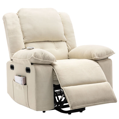 Beige Lift Recliner for Seniors featuring Massage, Heating, Adjustable Recline, Side Storage, and Multiple Positioning Options
