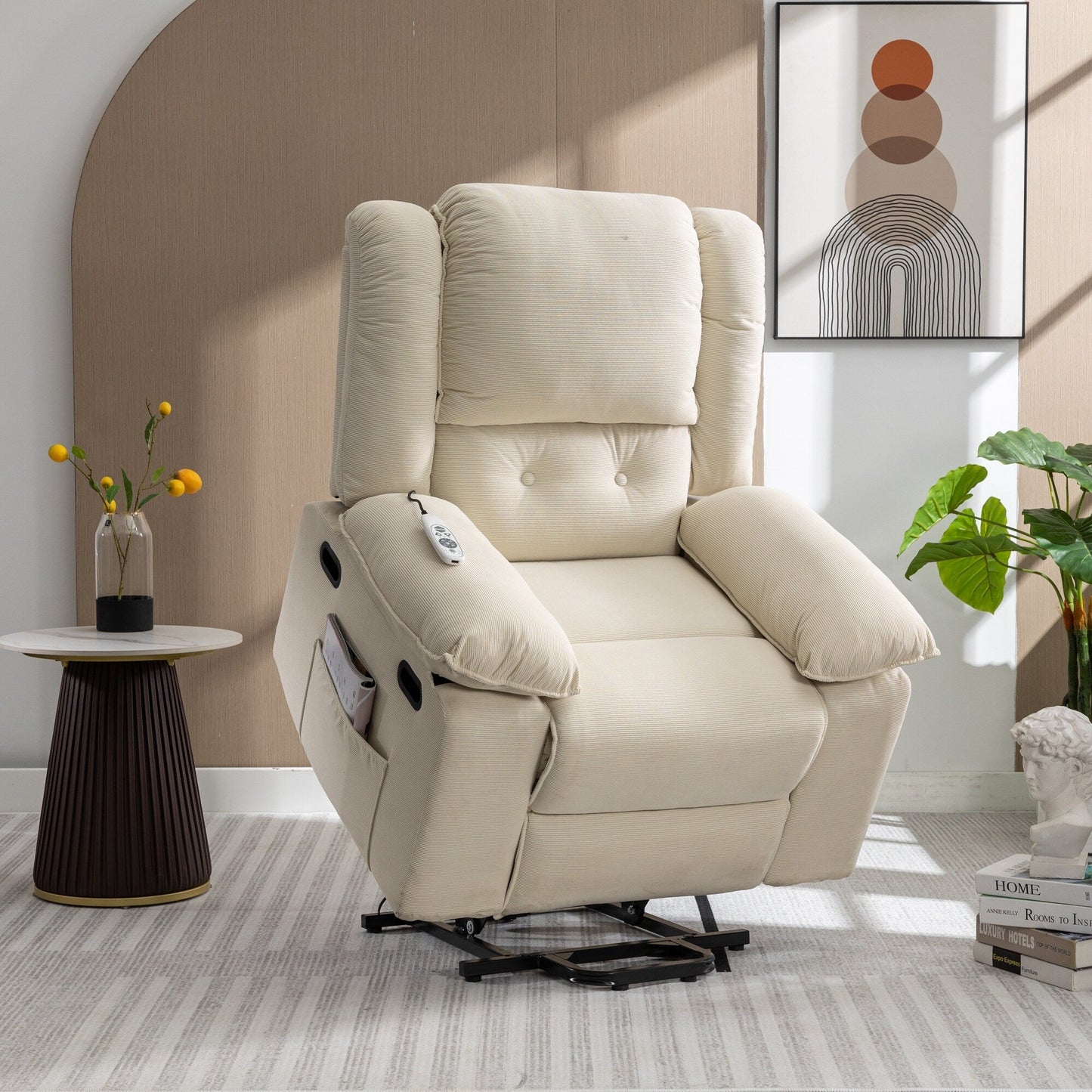 Beige Lift Recliner for Seniors featuring Massage, Heating, Adjustable Recline, Side Storage, and Multiple Positioning Options