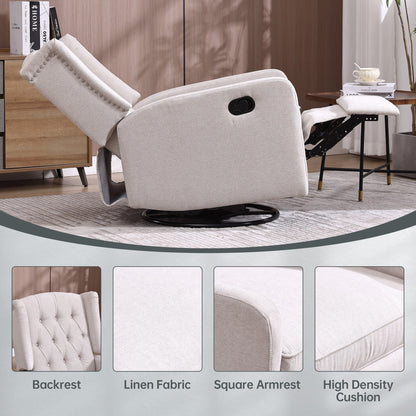 Beige Linen 360Â° Swivel Glider Rocker Manual Recliner with Button-tufted Backrest and Footrest for Living Room, Bedroom