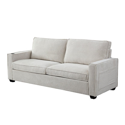 Beige Modern 87.4 Corduroy 3-seater Deep Seat Sofa with Cup Holder and Storage Bags for Living Room