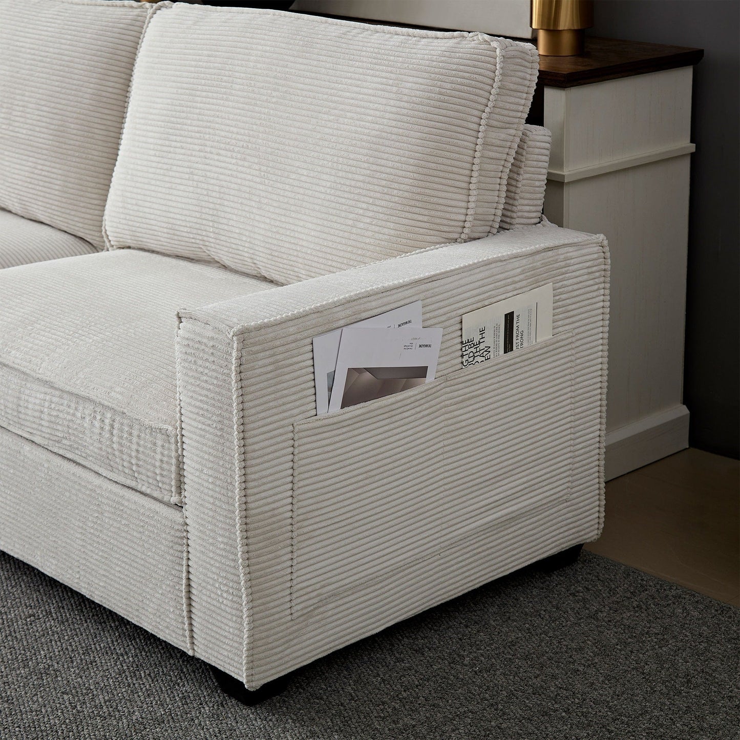 Beige Modern 87.4 Corduroy 3-seater Deep Seat Sofa with Cup Holder and Storage Bags for Living Room