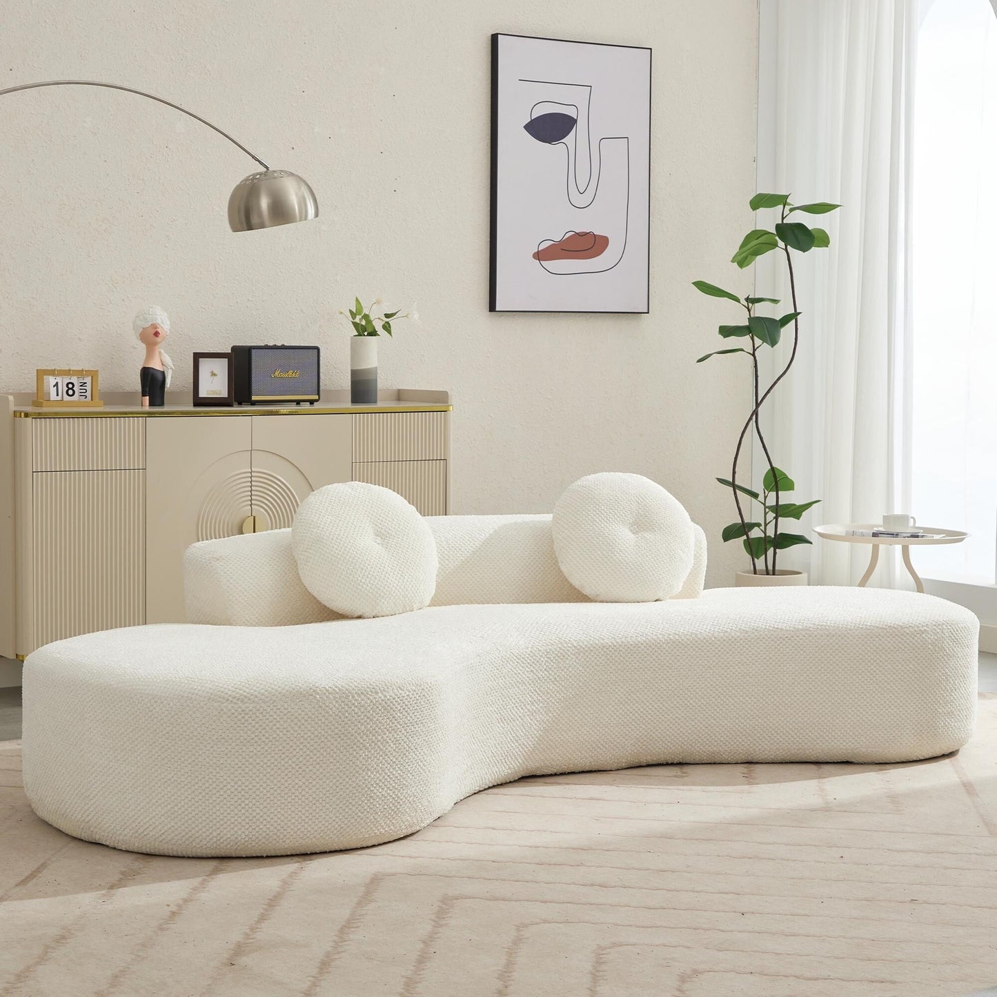 Beige Modern Minimalist 105.5 Curved Corduroy Cloud Sofa with 2 Pillows, No Assembly Required