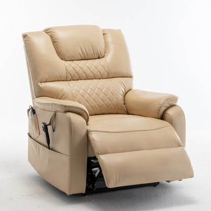 Beige Oversized Electric Recliner featuring OKIN Motor, 180Â° Lay Flat Lift, Extra-Wide Seat, and Storage Pockets