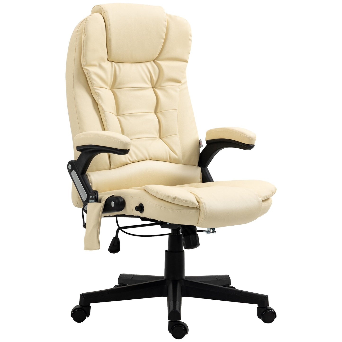 Beige PU Leather 360Â° Swivel High Back Office Recliner with Vibration Massage, Lumbar Heating, and Adjustable Height