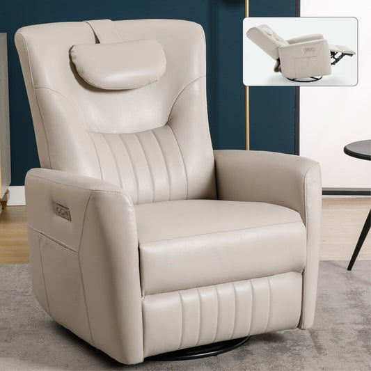 Beige Power Recliner Chair with 270° Swivel, Rocking Motion, Lumbar  Neck Support Pillow, USB  Type-C Ports