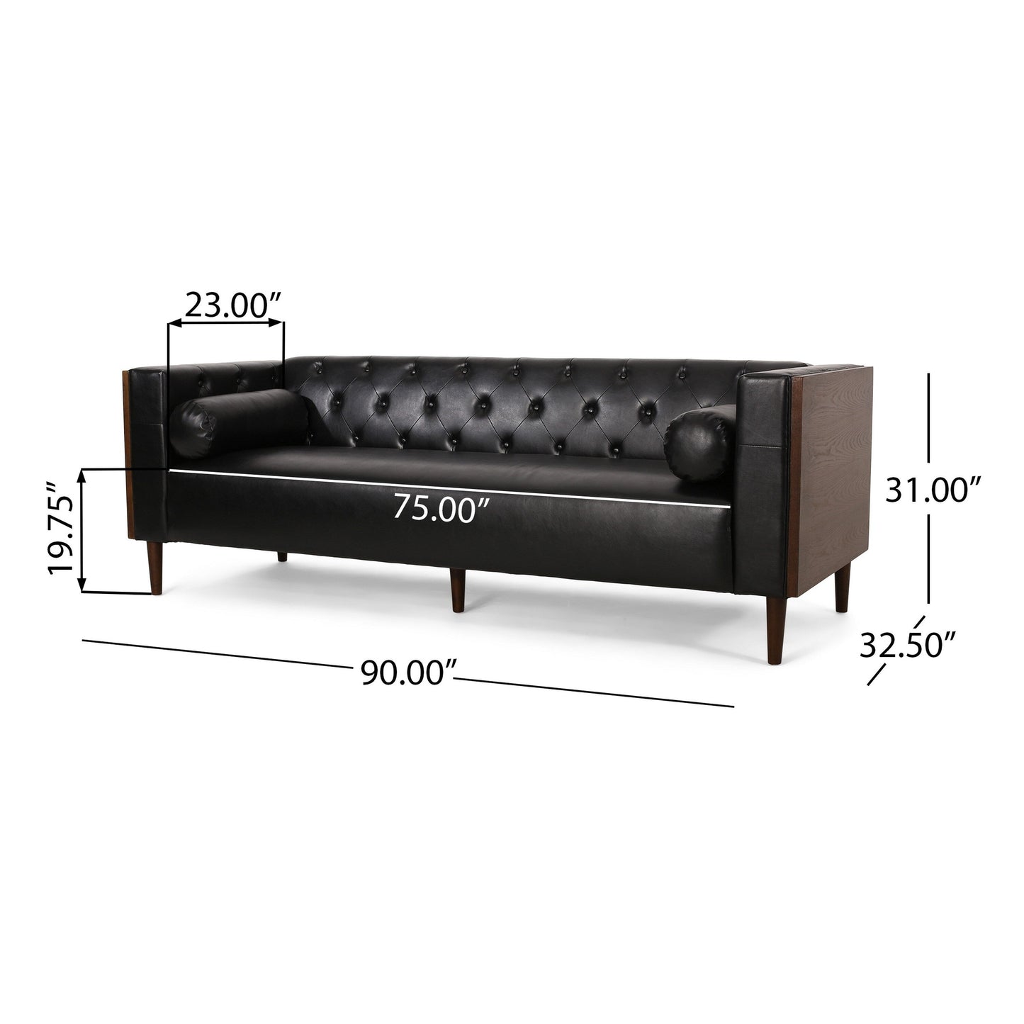 Biya Sofa, 90 Inch, Chesterfield Tufted Black Faux Leather, 2 Pillows