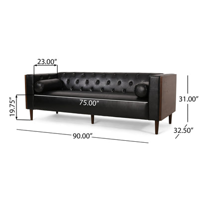 Biya Sofa, 90 Inch, Chesterfield Tufted Black Faux Leather, 2 Pillows