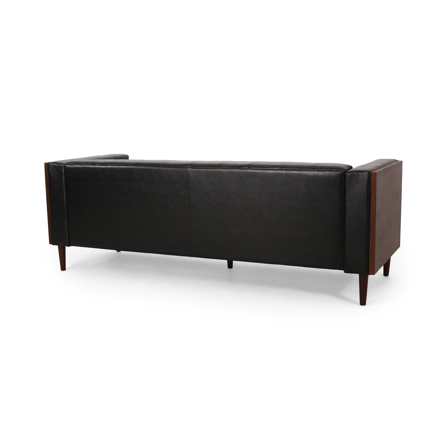 Biya Sofa, 90 Inch, Chesterfield Tufted Black Faux Leather, 2 Pillows
