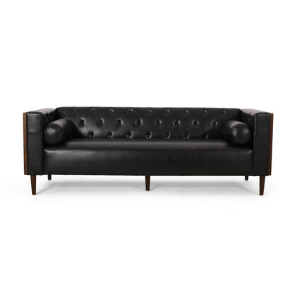 Biya Sofa, 90 Inch, Chesterfield Tufted Black Faux Leather, 2 Pillows