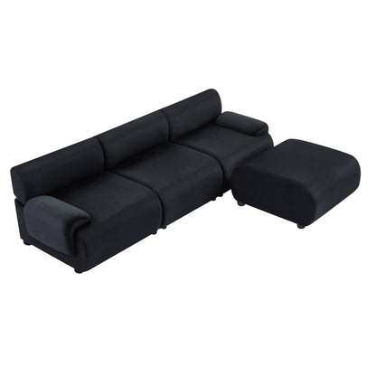 Black 105 Large Modular 3-Seater Sectional Sofa with Movable Ottoman, Deep Seating, and Solid Wood Frame