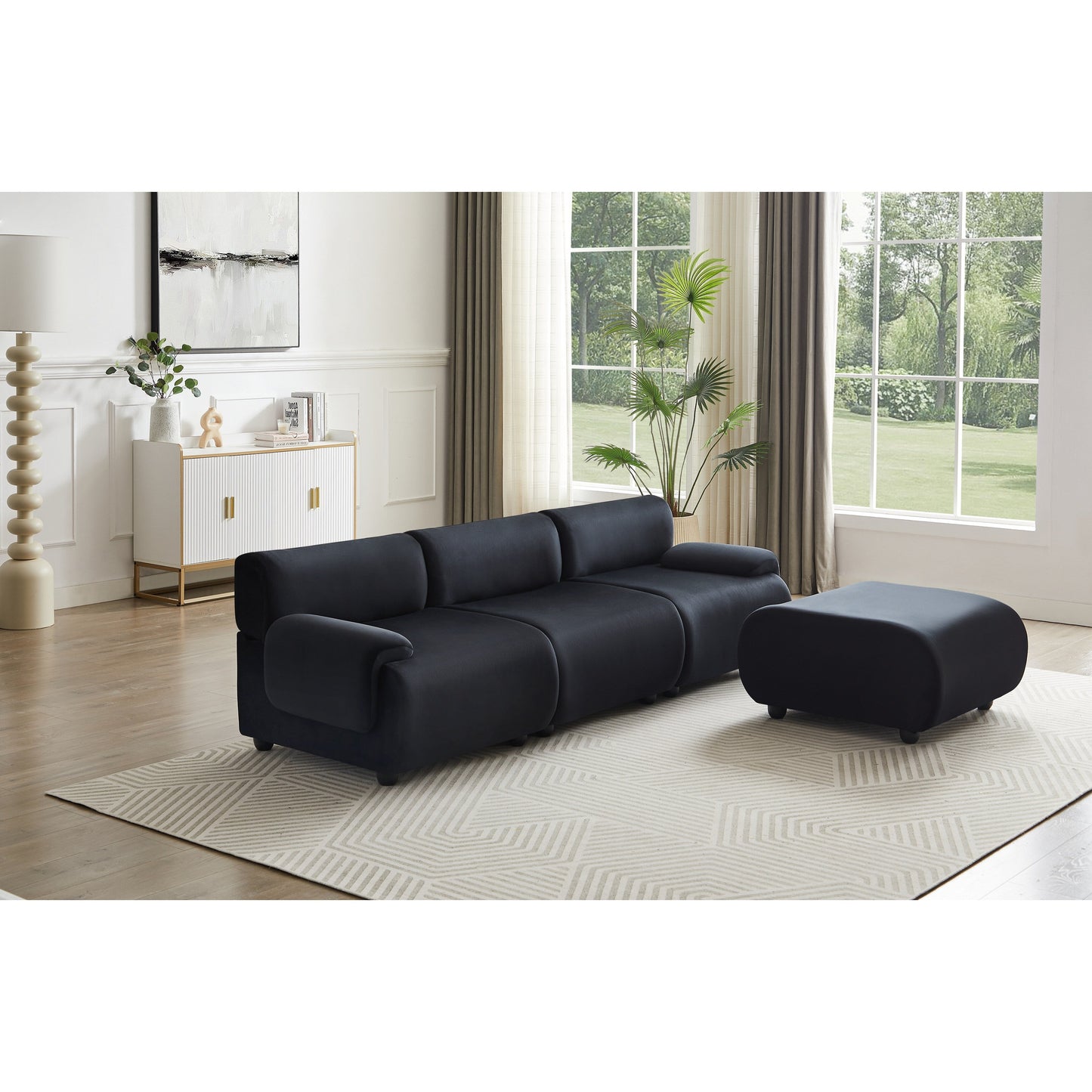 Black 105 Large Modular 3-Seater Sectional Sofa with Movable Ottoman, Deep Seating, and Solid Wood Frame