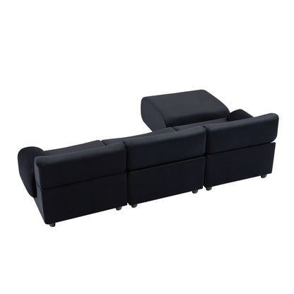 Black 105 Large Modular 3-Seater Sectional Sofa with Movable Ottoman, Deep Seating, and Solid Wood Frame