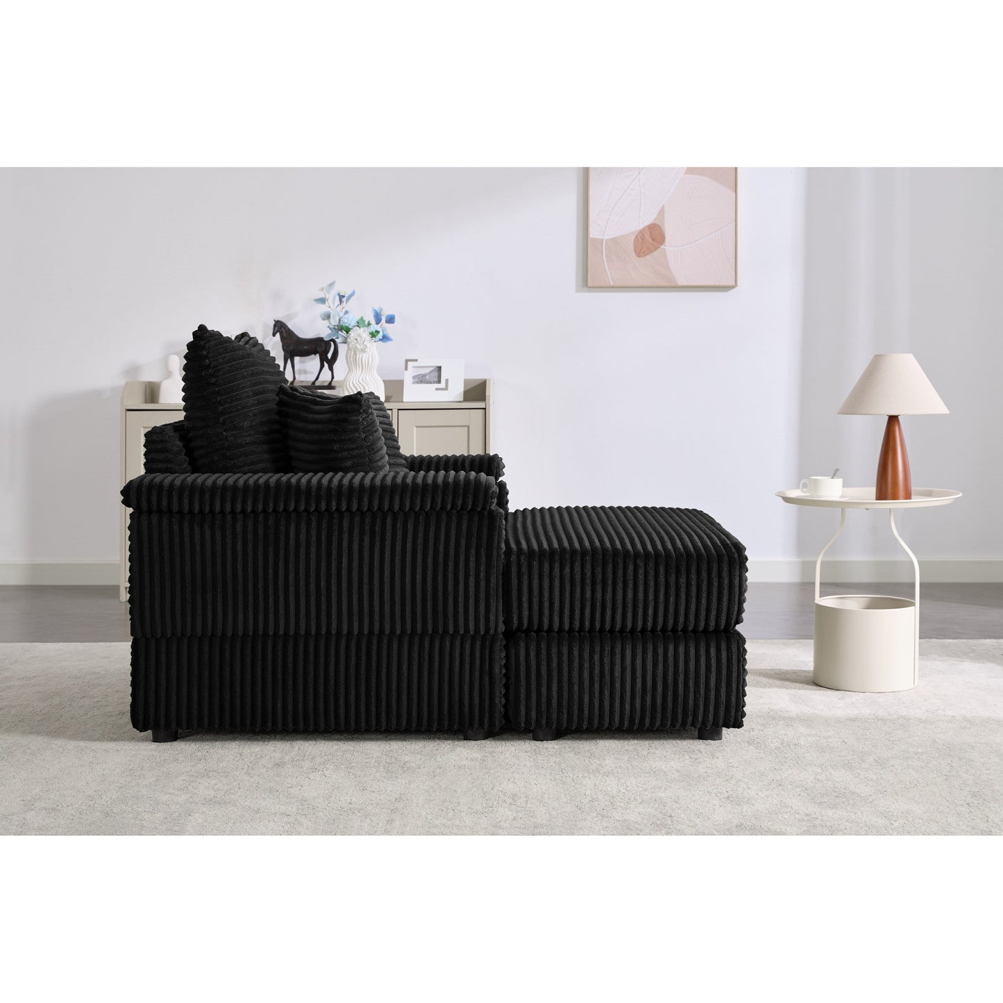 Black 42.52 Corduroy Single Deep Seat Sofa with Removable Ottoman, Storage Armrest, 2 Toss Pillows