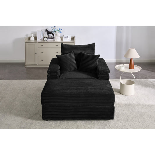 Black 42.52 Corduroy Single Deep Seat Sofa with Removable Ottoman, Storage Armrest, 2 Toss Pillows