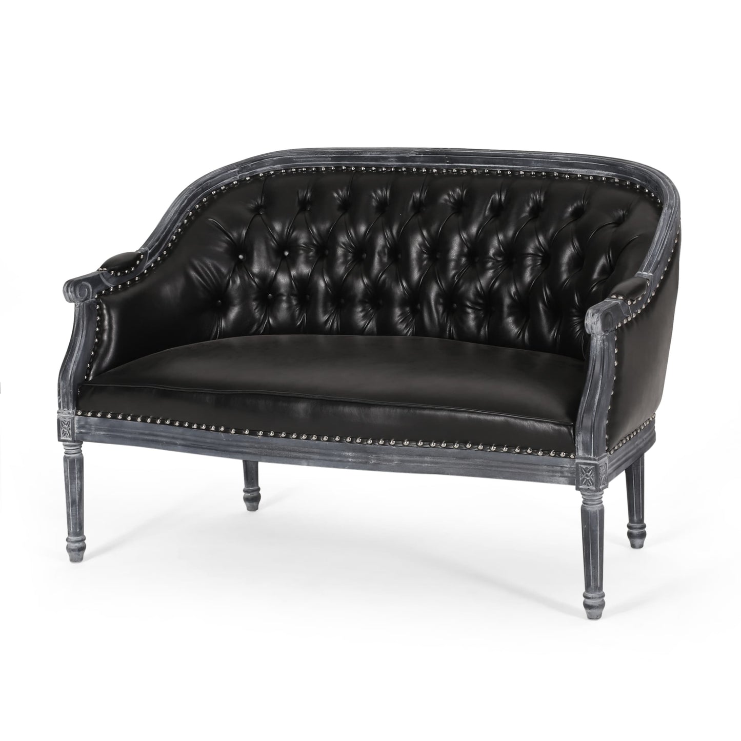 Black 49.5 Faux Leather Loveseat Sofa with Turned Legs and Nailheads for Living Room