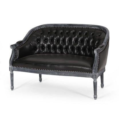 Black 49.5 Faux Leather Loveseat Sofa with Turned Legs and Nailheads for Living Room